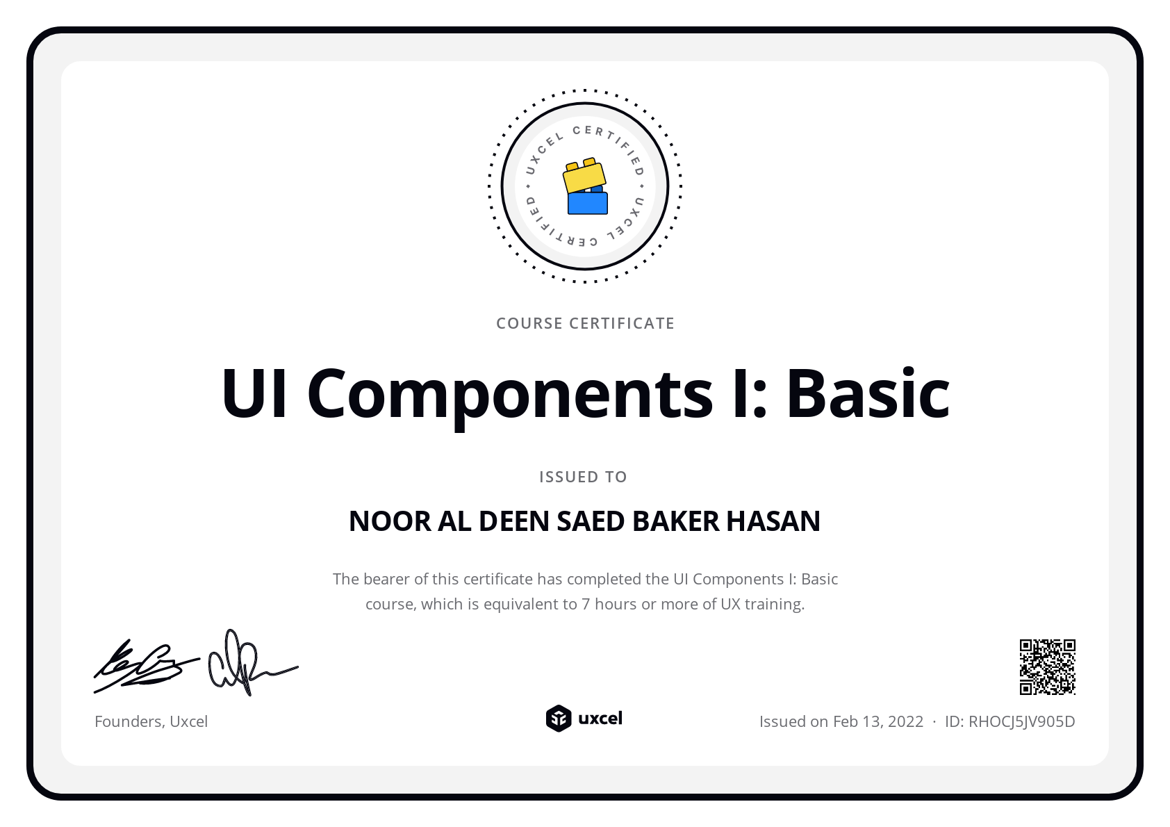 NOOR AL DEEN SAED BAKER HASAN's certificate